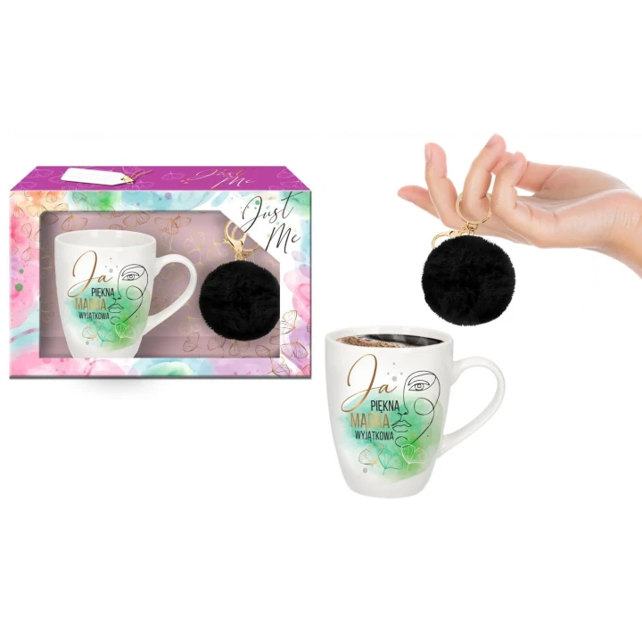 Kubek baryłka 300ml JUST ME z napisem "Ja Piękna, Mądra, Wyjątkowa" i czarnym pomponem