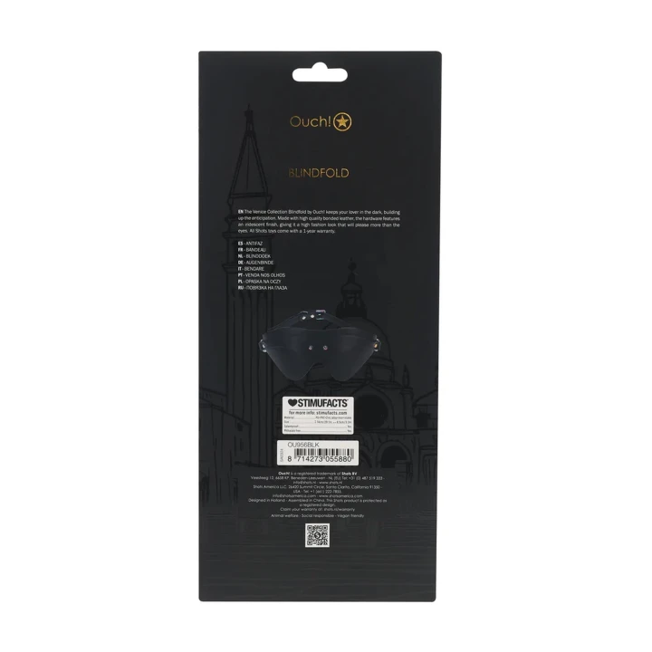 Opaska na oczy Ouch! Venice Collection - skórzana, wiązana, iryzujące metalowe elementy