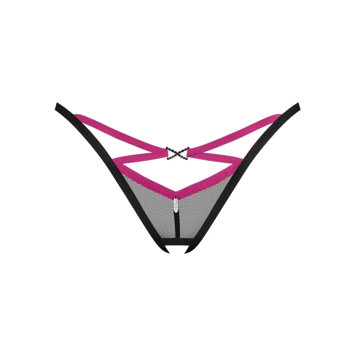 Stringi otwarte Novenes OBSESSIVE, elegancka bielizna, przezroczysty materiał, czarne i fioletowe paski