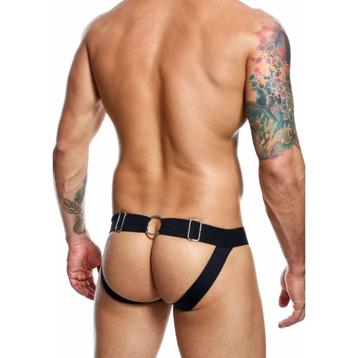 Jockstrap z łańcuszkiem DNGEON, sztuczna skóra, czarny, szerokie paski