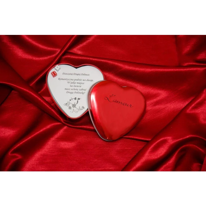 Gra romantyczna L'amour - Gry i zabawy dla par, metalowe pudełko, 54 karty w kształcie serc