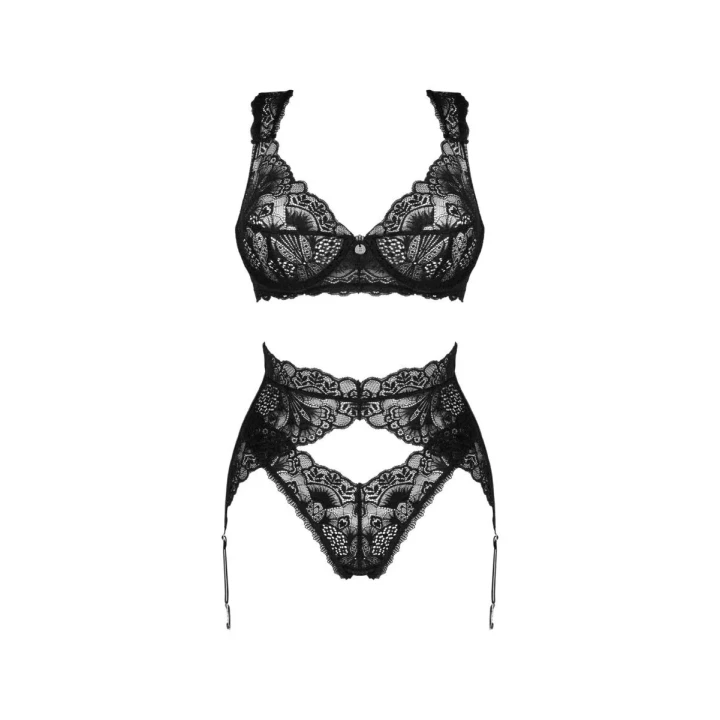 Bielizna koronkowa OBSESSIVE Donna Dream 3-częściowa M/L, czarna, z pasem do pończoch