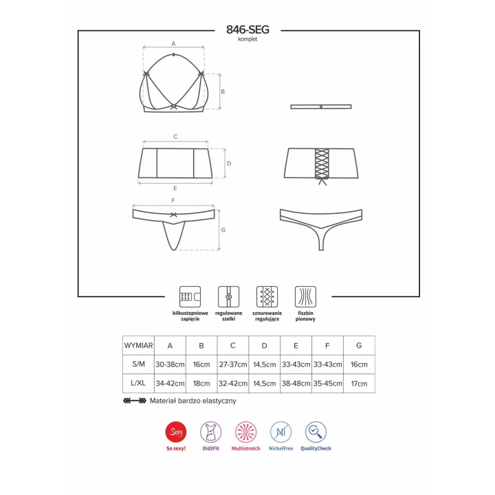 Zestaw bielizny koronkowej OBSESSIVE, L/XL, 3-elementowy, regulowany biustonosz, wysoki pas