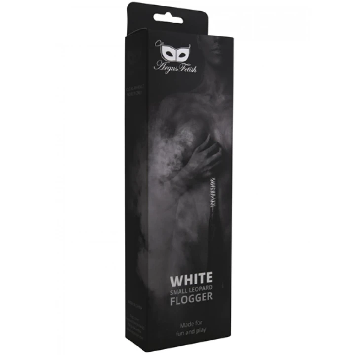 Flogger skórzany PU, biały leopard, mocny uchwyt, długość 45 cm, pierścień 6 cm