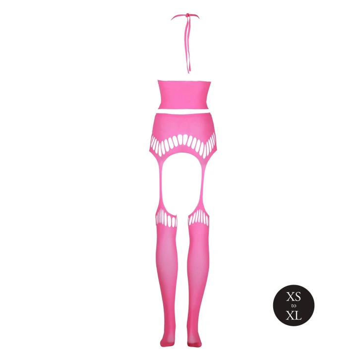Bielizna Neonowa - Krótki Top z Pończochami, Materiał: 92% Nylon, 8% Spandes/Elasthan, Różowa
