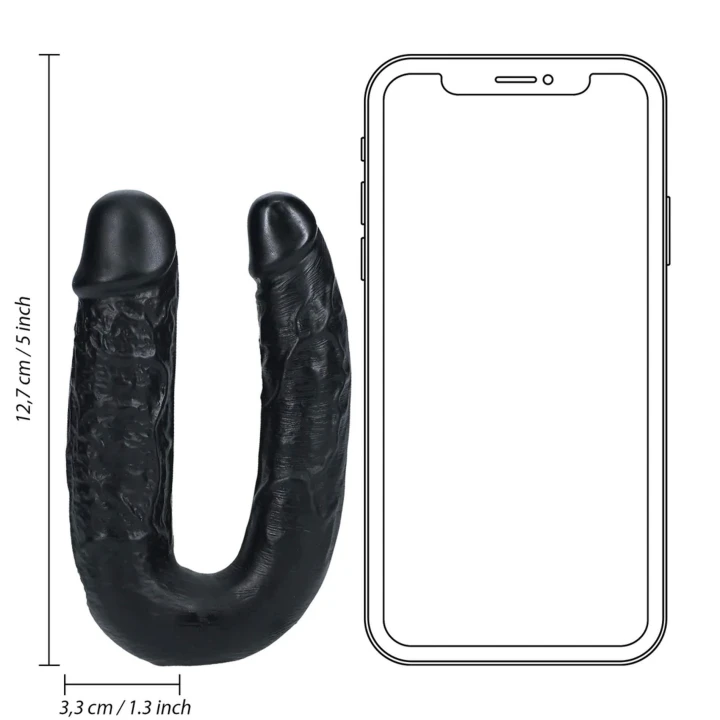 Dildo podwójne U kształt RealRock 12,7 cm, realistyczne żyłki, PVC, czarne