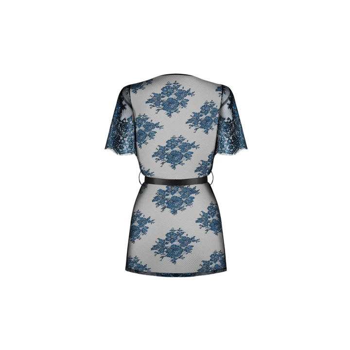 Peniuar transparentny OBSESSIVE Yassmyne, koronka, satynowe wiązanie, indigo/czarny