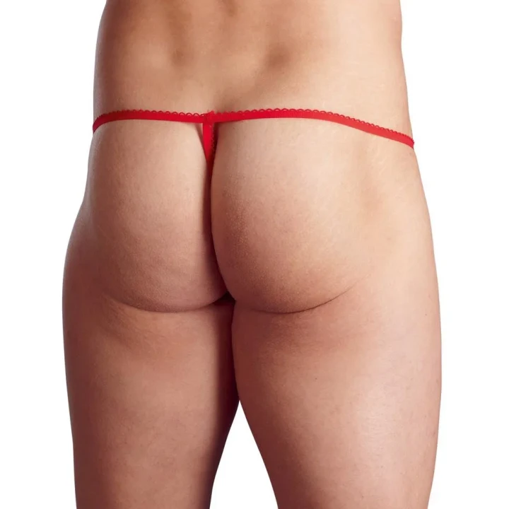 Stringi męskie, 100% poliester, czerwone w aksamicie, z białymi satynowymi wstążkami