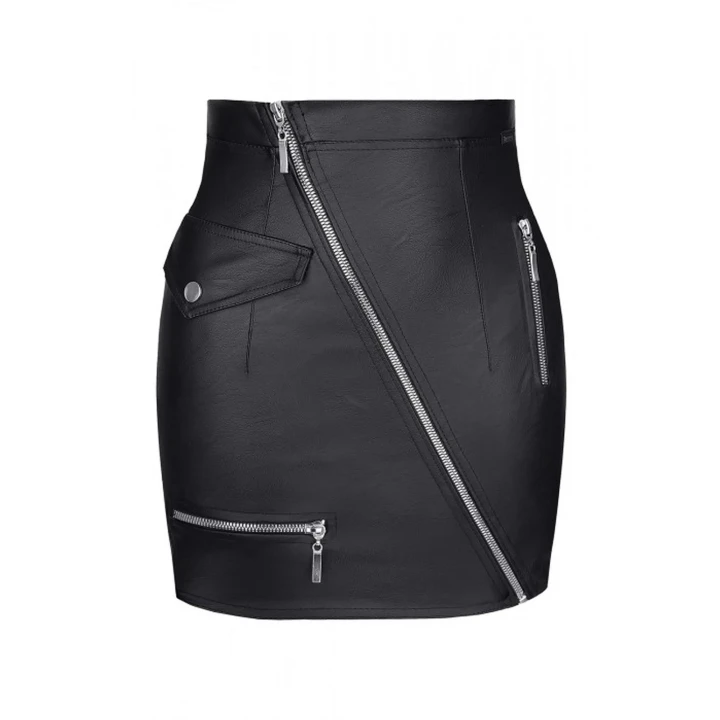 Mini spódniczka DEMONIQ Kolekcja Black Rose 2.0, elastyczna ekoskóra, czarna, zdobne suwaki