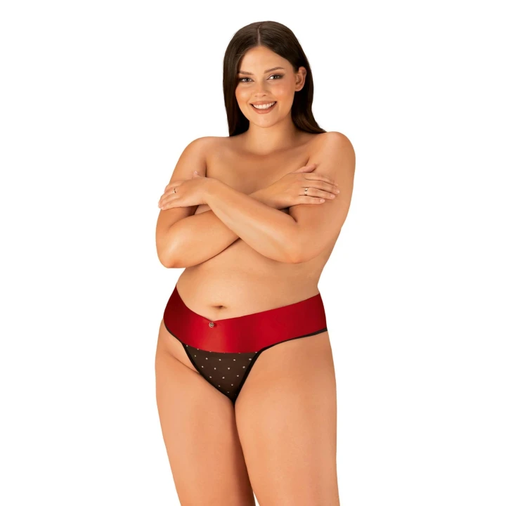 Stringi OBSESSIVE Tienesy 2XL/3XL - satynowy pas, brokatowa siateczka, czerwona kokarda