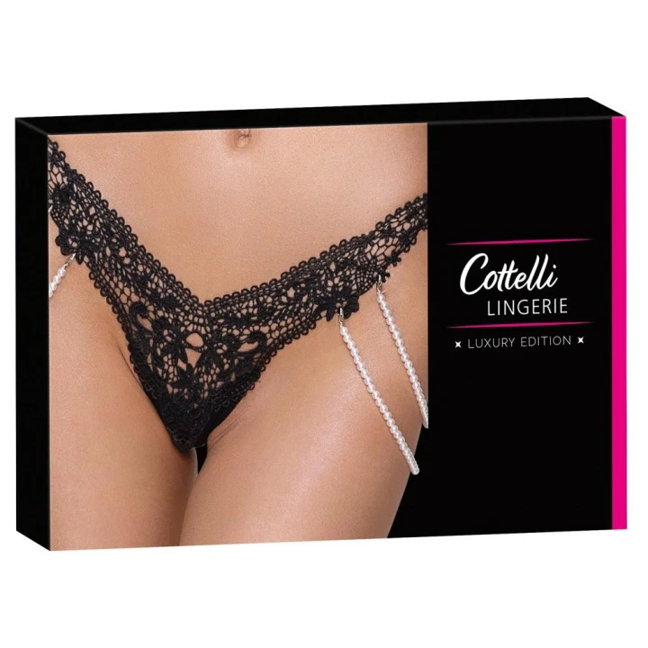 Stringi koronkowe COTTELLI LINGERIE z perłowymi łańcuchami, M/L, elastyczne, haftowane