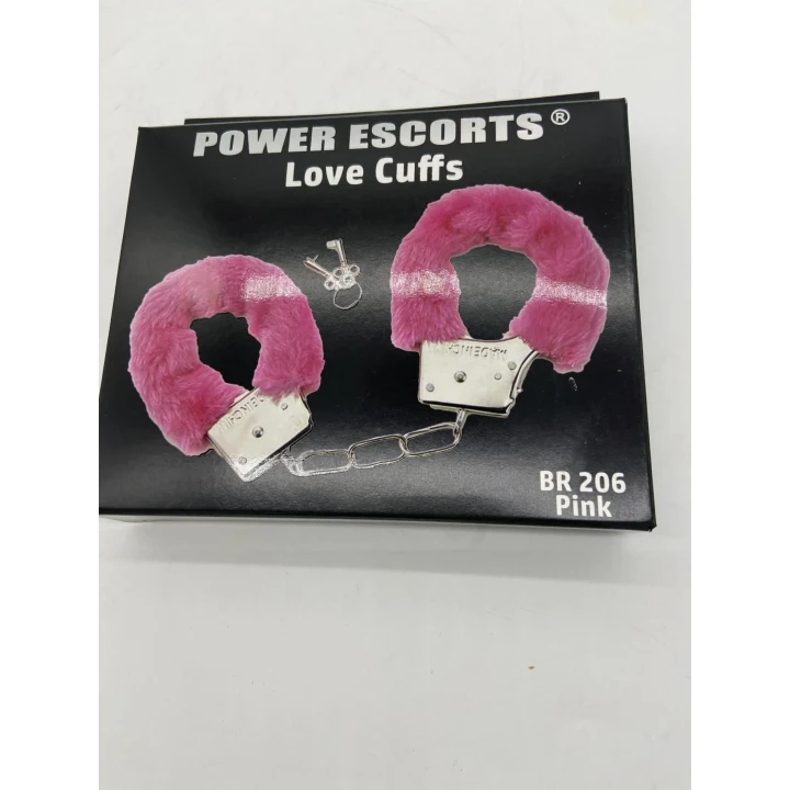 Kajdanki metalowe z futerkiem w różowym kolorze, kluczyk w zestawie - Love Cuffs