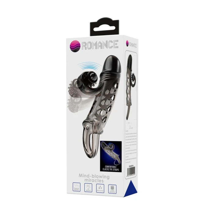 Przedłużka na penisa ROMANCE - TPE, stymulator łechtaczki, wibracje, czarna