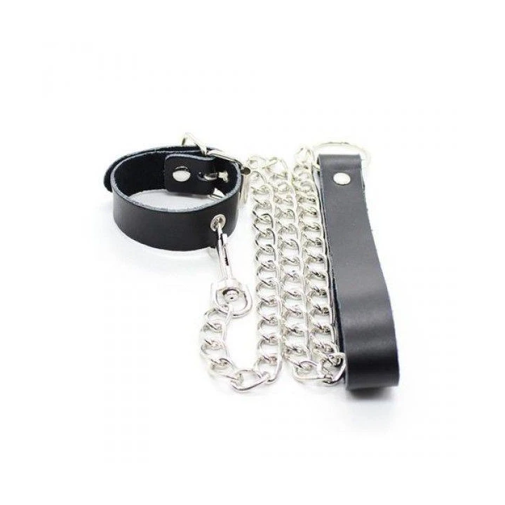 Wiązania - Obroża nadgarstkowa z metalową smyczą, Skóra, Stal, Fetyszyzm Art