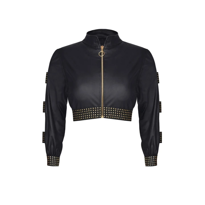 Kurtka MARTHA001 DEMONIQ, czarna wetlook, złote detale, rozmiar S