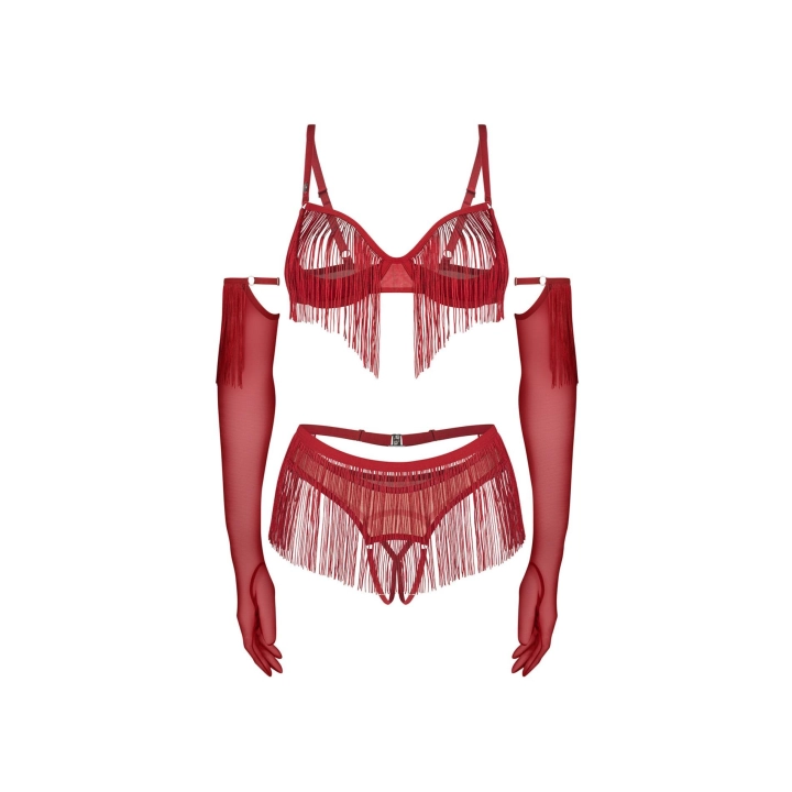 Komplet bielizny OBSESSIVE — otwarty biustonosz, crotchless, pas w talii (czerwony)