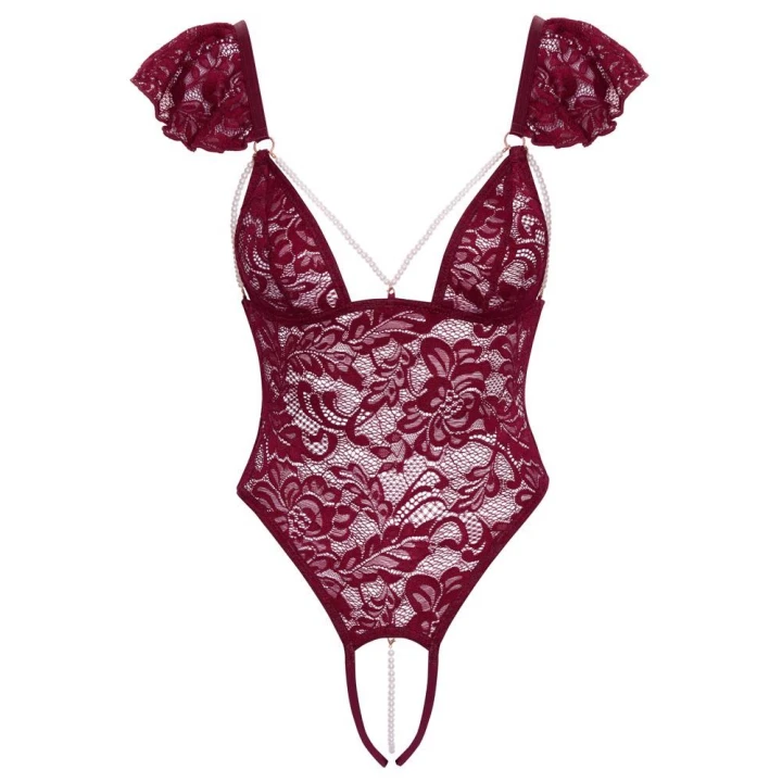 Body String XL - COTTELLI LINGERIE, koronkowe, regulowane ramiączka, bordowe perełki