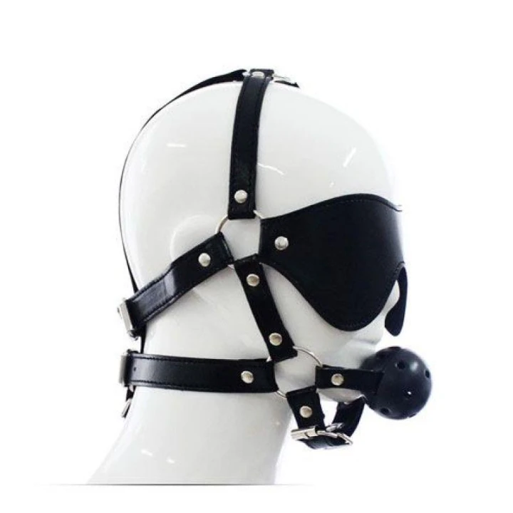 Uprząż do twarzy z maską na oczy i kneblem, Ekoskóra, Total Head Harness Restraint