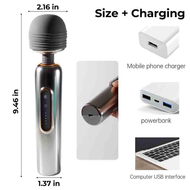 Masażer Wand Shining Metallic Luster – USB, 5 poziomów wibracji, silikonowa głowica