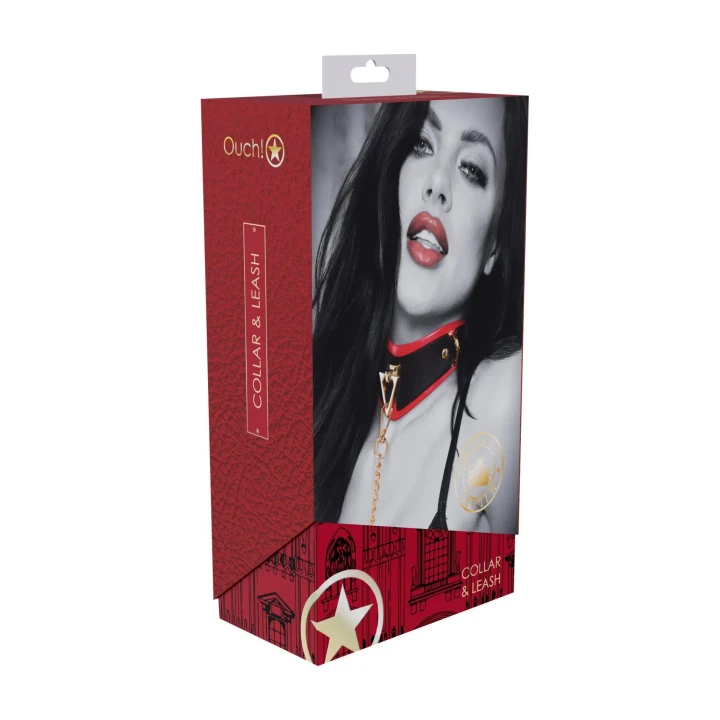 Obroża z Smyczą - Kolekcja Milan by Ouch! - Skórzana, Czarno-Czerwona, Luksusowa