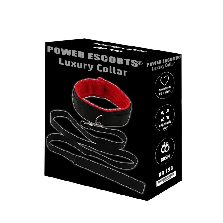 Obroża BDSM Power Escorts BR196 - Czarno-Czerwona, z Smyczą, Luksusowa