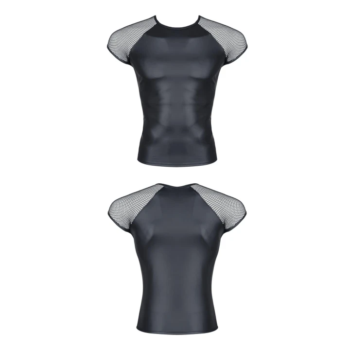 Koszulka elastyczna REGNES FETISH PLANET z siateczkowymi rękawami, czarna S