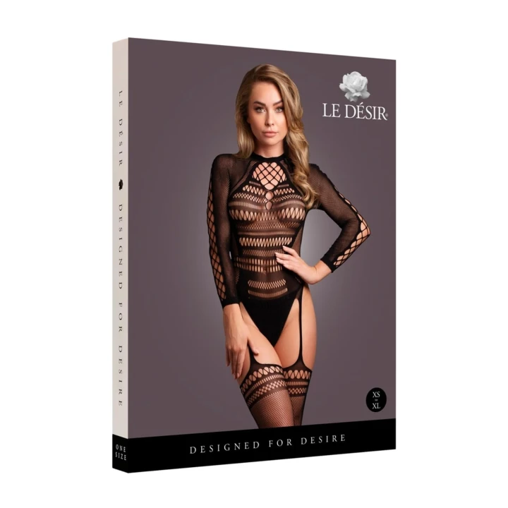 Bodystocking - One Size - Długie rękawy, Krótki golf, Czarny, 92% Nylon
