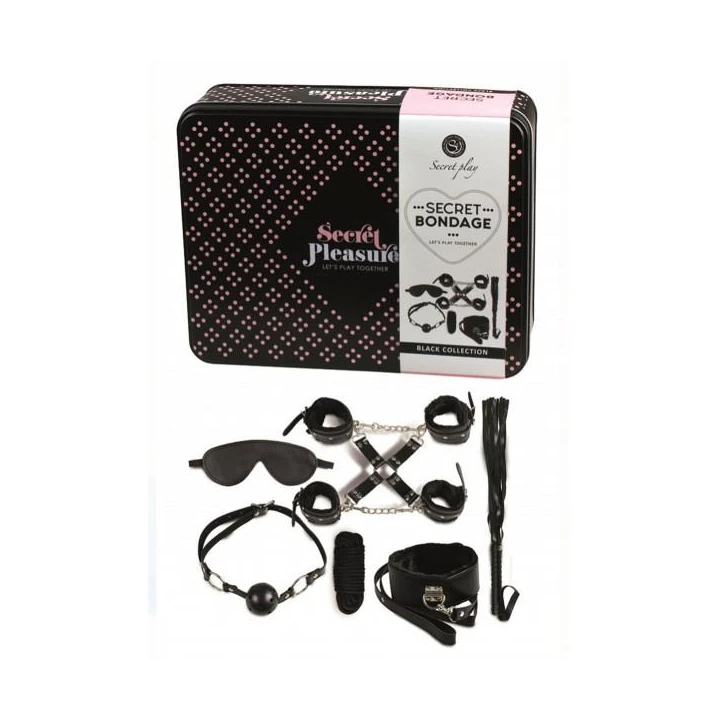 Zestaw BDSM - Secret Bondage, 8 sztuk, czarny, bezpieczne materiały, stylowy kuferek