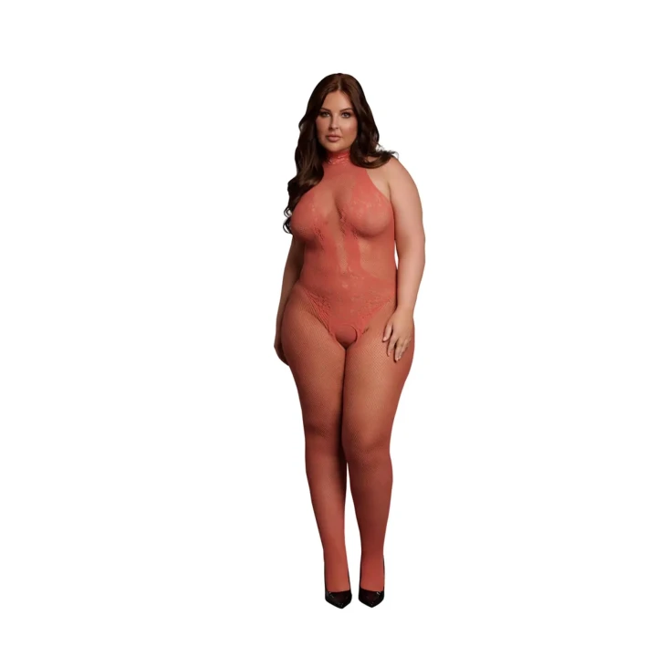 Bodystocking LE DESIRE z koronki i siateczki, XL-4XL, halter dekolt, otwarty krok
