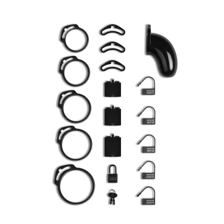 Klatka cnoty Lockdown - Średnia, 5 pierścieni dopasowujących, metalowa kłódka z kluczami