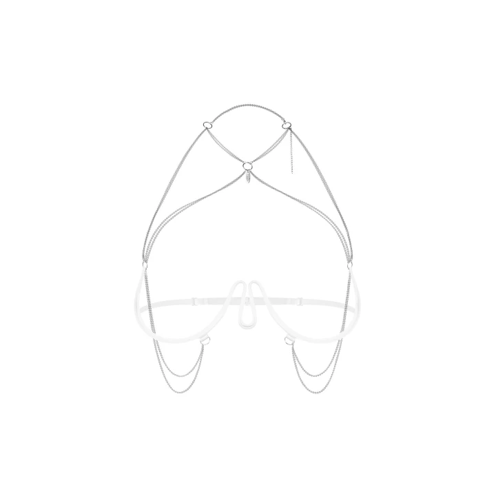 Uprząż biustonosz Lustique White OBSESSIVE z fiszbinami, srebrnymi łańcuszkami, S/M/L