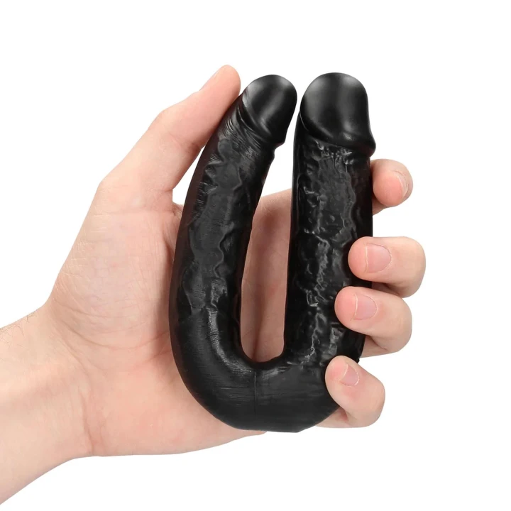 Dildo podwójne U kształt RealRock 12,7 cm, realistyczne żyłki, PVC, czarne