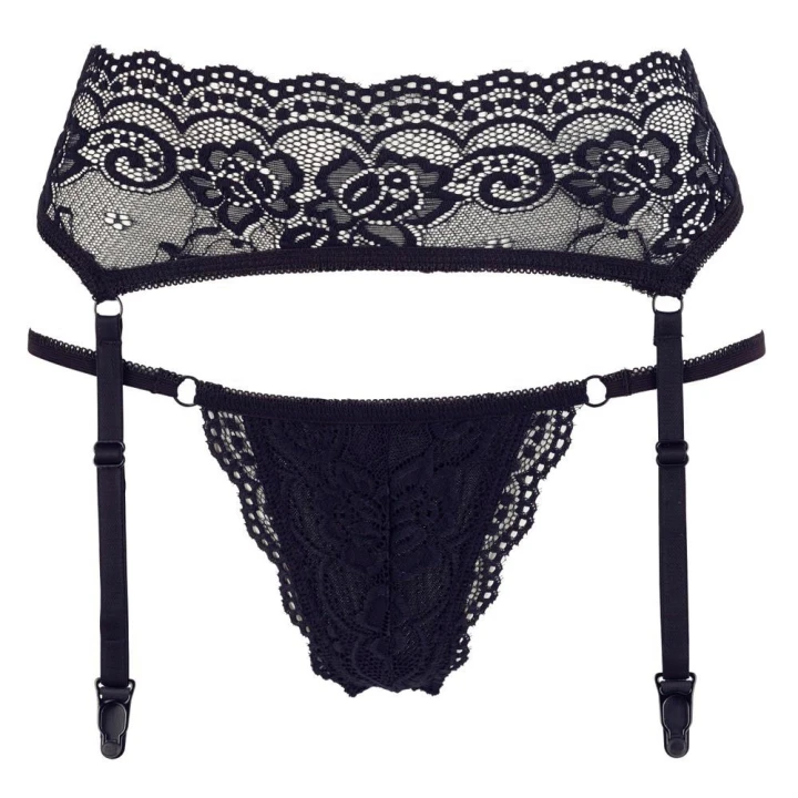 Stringi i pas do pończoch COTTELLI LINGERIE - koronkowe, czarne, M, zmysłowe, eleganckie