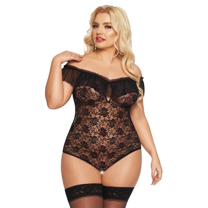 Body koronkowe SOFTLINE COLLECTION Kamila 3XL - czarne, z wycięciem, elastan i poliester