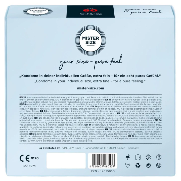 Prezerwatywy przezroczyste Mister Size 60mm, lateksowe, z lubrykantem, vegan 36szt.