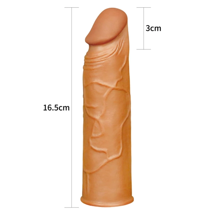 Rękaw przedłużający penis Pleasure X, 1 cal dłuższy, realistyczny, brązowy TPE