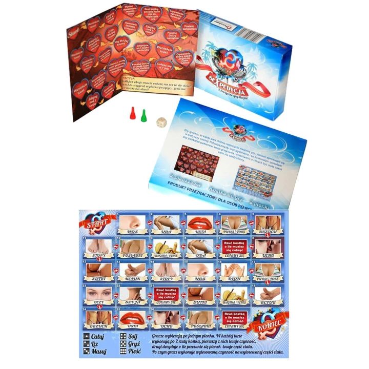 Gra erotyczna dla Par - Super Sexpedycja, A4 plansza, kostka i 2 pionki w zestawie