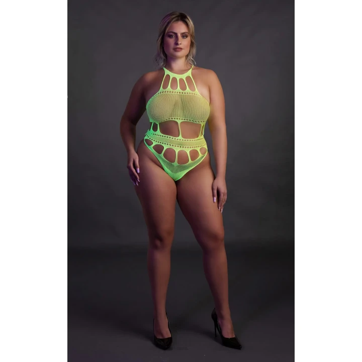 Body z Greckim Dekoltem OUCH! – Neonowa Zieleń, UV-reaktywna, XL/XXXXL, Elastyczny Nylon