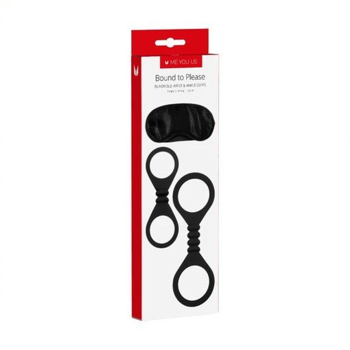 Kajdanki na nadgarstki i kostki, z opaską na oczy, silikonowe, czarne - Komfort i dyskrecja