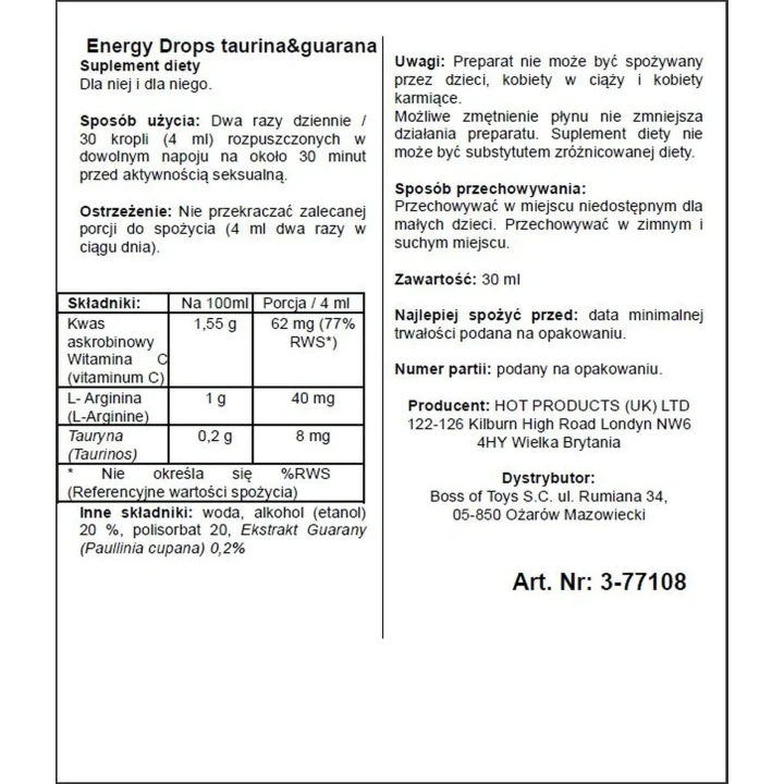 Krople energetyzujące - Supl.diety Taurin & Guarana, dla mężczyzn i kobiet, 30ml