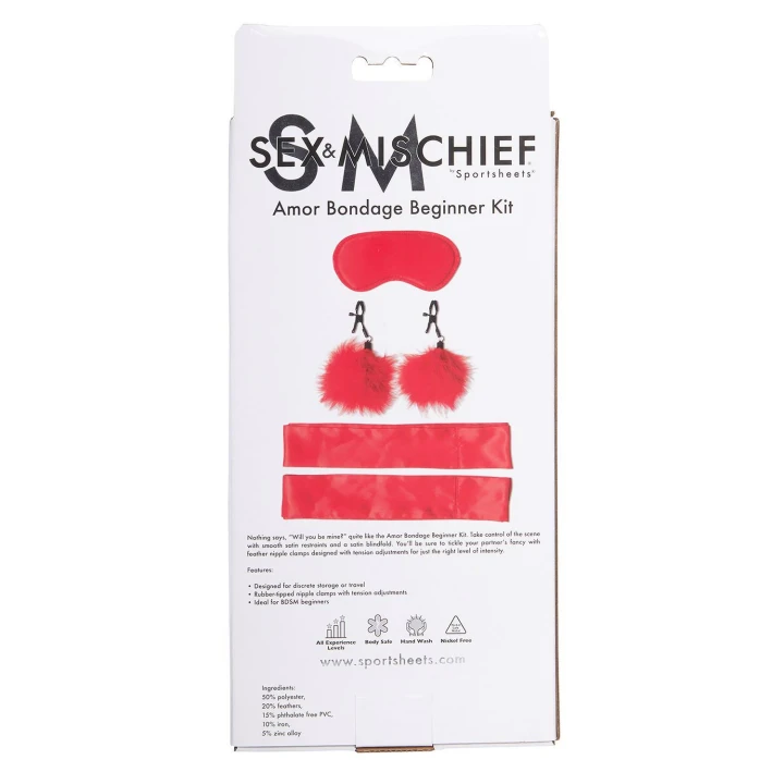 zestaw do bondage dla początkujących SPORTSHEETS AMOR, satynowe opaski i zaciski