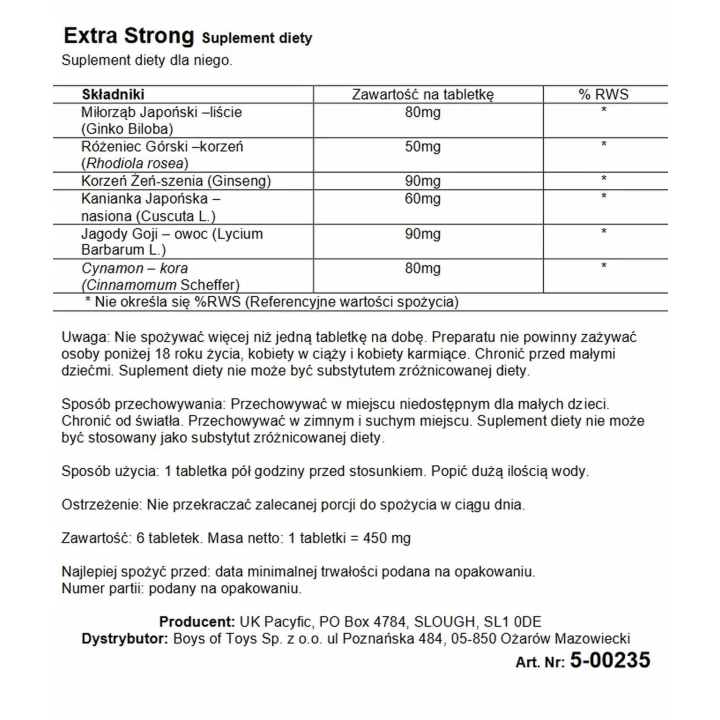 Suplement diety - Extra Mocny, Ziołowy, 6 Kapsułek, Tradycyjna Receptura Tybetańska
