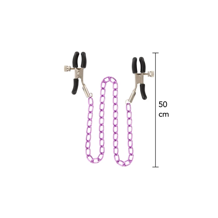 Zaciski na brodawki metalowe - regulowana siła, łańcuszek 50 cm, gumowe pokrycie