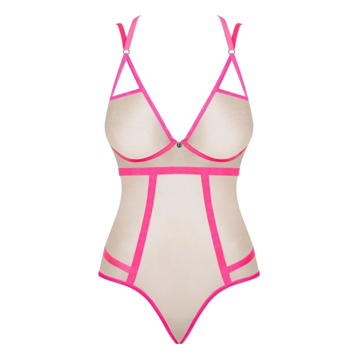 Body Bielizna-OBSESSIVE, neonowy róż, regulowane ramiączka, złota nitka