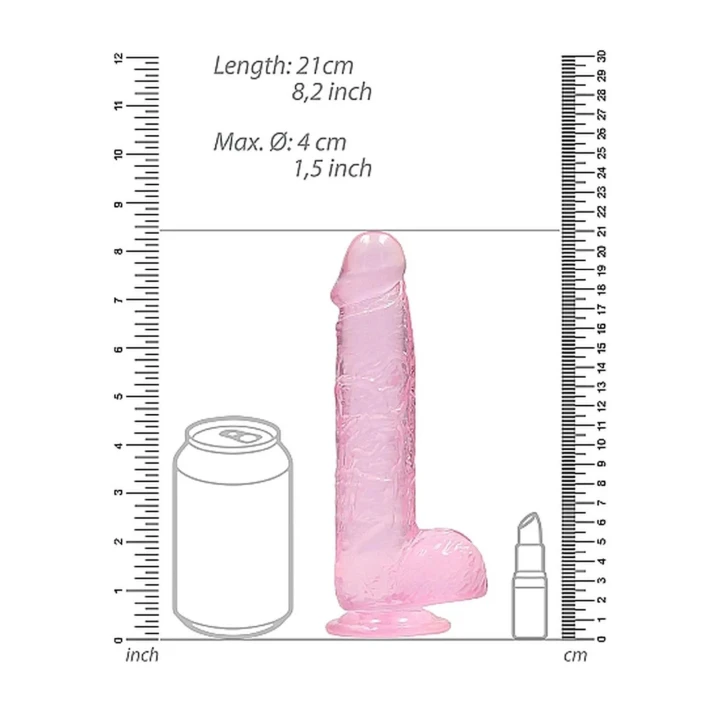 Dildo REALROCK CRYSTAL CLEAR 21 cm, realistyczne jądra, przyssawka, bez ftalanów