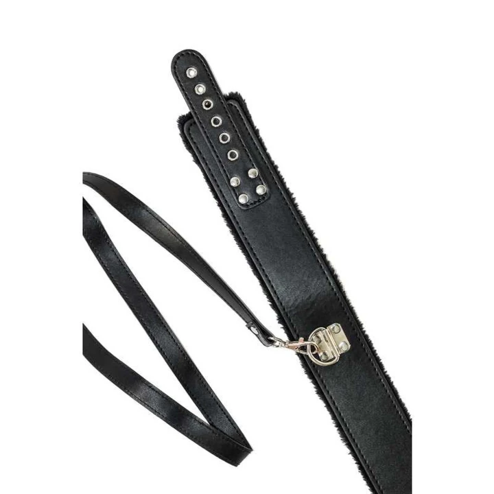 Obroża BDSM Circus - regulowana, czarna, PVC, z metalową smyczą 115 cm