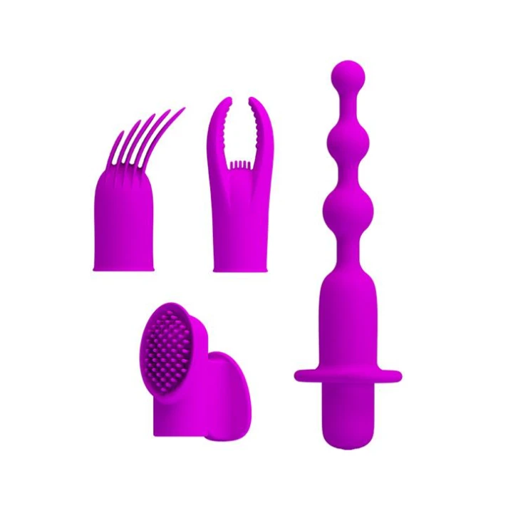 Wibrator - PRETTY LOVE, silikonowy, z 4 wymiennymi nasadkami, regulowane wibracje