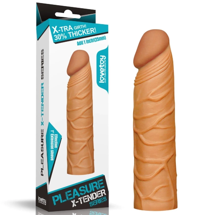 Rękaw penisa Pleasure X, przedłużający o 1 cal, realistyczny, brązowy, TPE