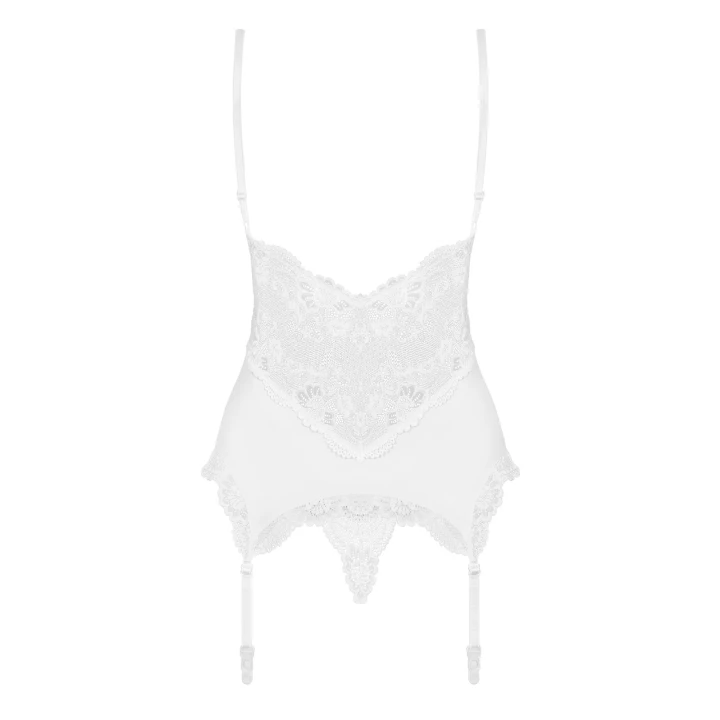 Gorset koronkowy OBSESSIVE, S/M, regulowane ramiączka, stringi, biały