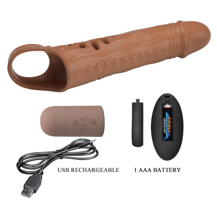 Nakładka na penisa PRETTY LOVE - 24,3 cm, 12 wibracji, pierścień stabilizujący